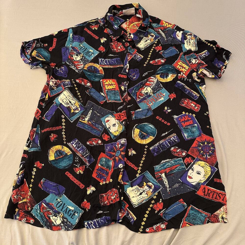 Vintage Chicos Design Shirt Womens Large Art‎ Print Rayon Button Up Boho 90s